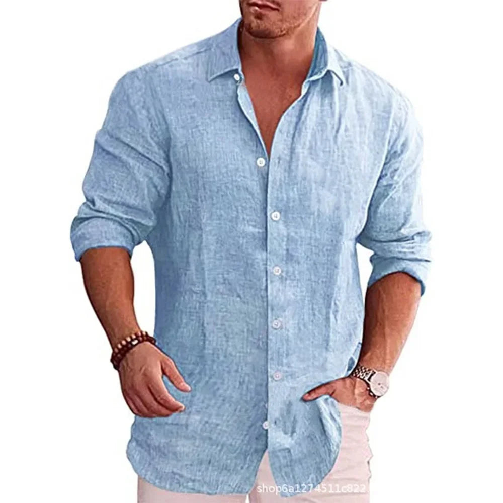 New men's cotton linen autumn hot long-sleeved shirt solid colour versatile casual resort style men's shirt tops