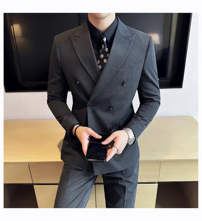 British Style Double Breasted Design Men's Suit Formal Business Slim Fit Casual Suits Sets Men Wedding Party Tuxedo 3 Pieces Set