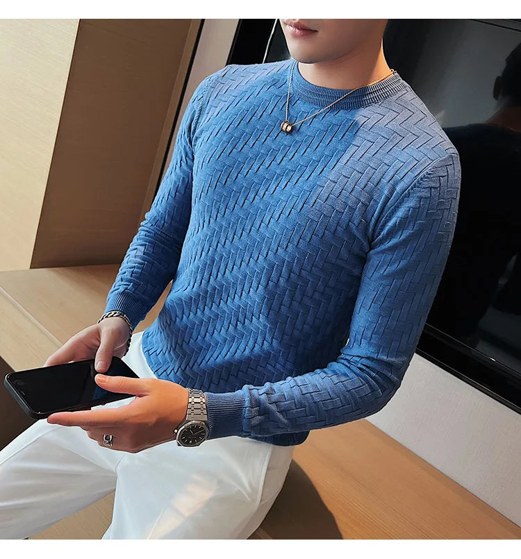 2025 Stretchable Jacquard Woven Winter Crew Neck Sweater Men's Slim Fit Pullover Knitwear Blue, Fashionable Check Pattern