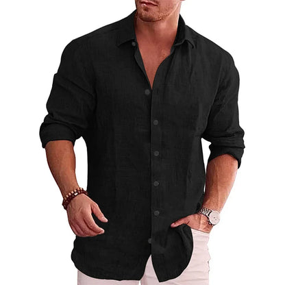 New men's cotton linen autumn hot long-sleeved shirt solid colour versatile casual resort style men's shirt tops