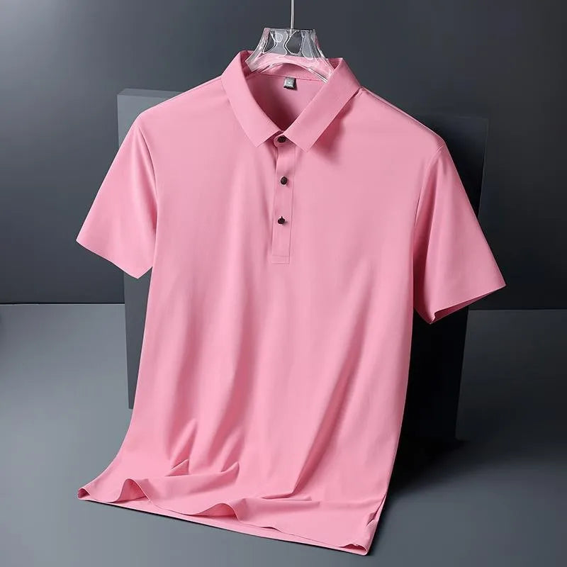 Golf Solid Ice Silk Traceless Silk Loose Polo Shirt Short Sleeve T-shirt Men's Elastic Ironless Thin Polo Neck Light Luxury