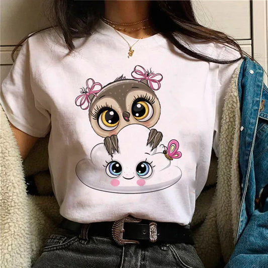 Owl T-shirt Girl Aesthetic Graphic Women Retro Comfortable T-shirt Pop Culture Colorful Kawaii Psychedelic Punk 2000s