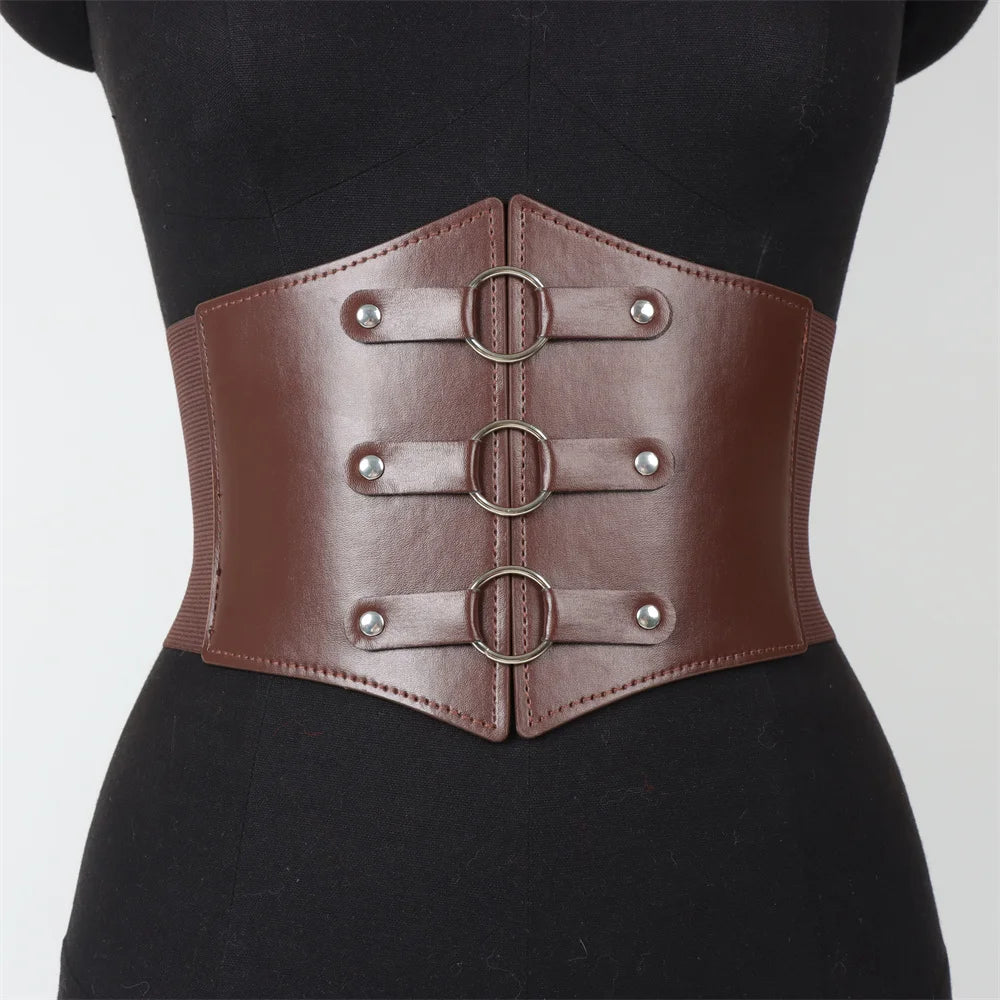 Fashionable Gothic Corset Belt Triple Buckle with Black Rivet Studs Elastic Waspie Waistband for Punk Women Perfect for Coats