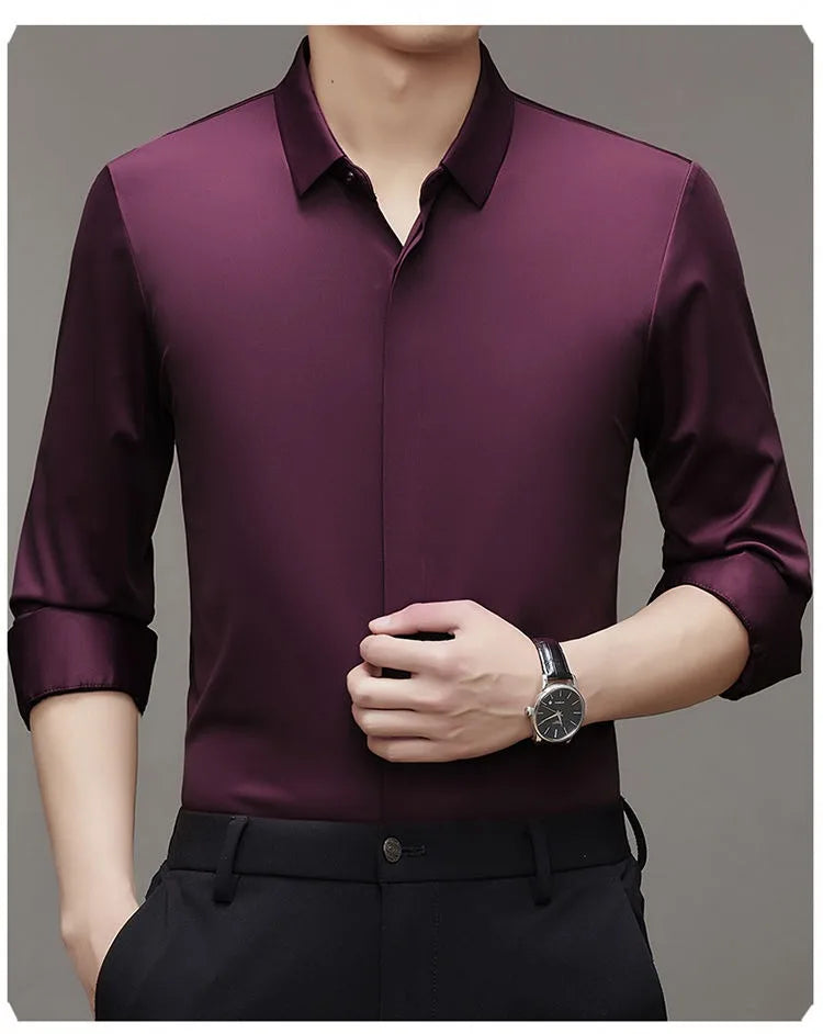 High end Mulberry Silk Shirts Business Men Non Iron Button Invisible Elastic Tops Luxurious Male Long Sleeve Quality Dress Shirt