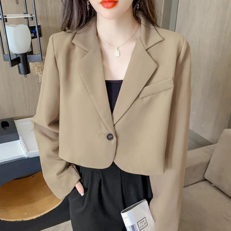 Cropped Blazers for Women 2025 New Korean Fashion Long Sleeve Button Up Suit Jacket Woman Elegant All Match Office Blazer Female