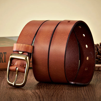 3.3CM High Quality Natural  Cowskin Genuine Leather Belt Men Casual Copper Buckle Business Male Strap For Jeans Cowboy Cintos