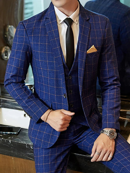 Blazer Vest Pants Groom Wedding Dress Stage Party Suit Three Piece Set and Two Piece Set Mens casual business classic plaid suit