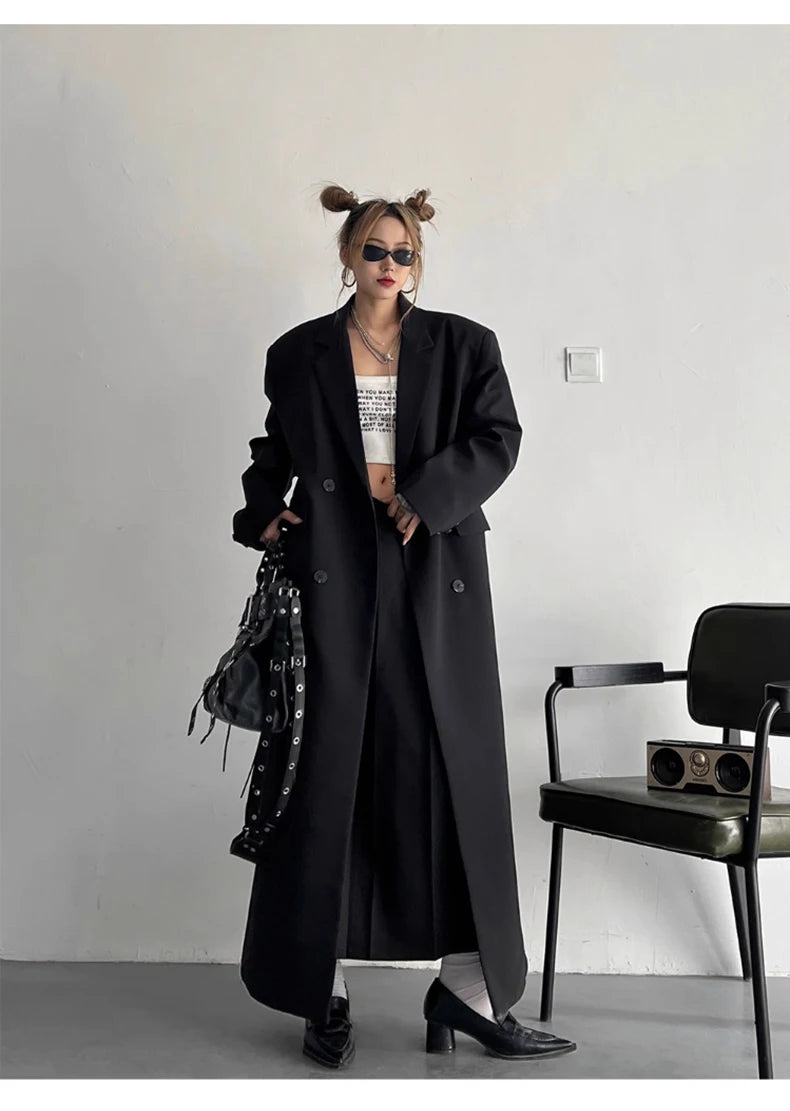 Lautaro Spring Autumn Long Grey Black Trench Coat for Women Double Breasted Loose Casual Korean Fashion Clothing Blazer 2025