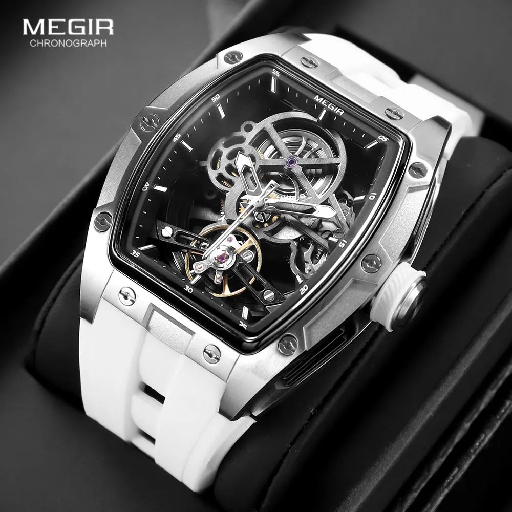 MEGIR 2242 Mechanical Watch for Men Fashion Military Sport Analog Automatic Wristwatch with White Silicone Strap Tonneau Dial