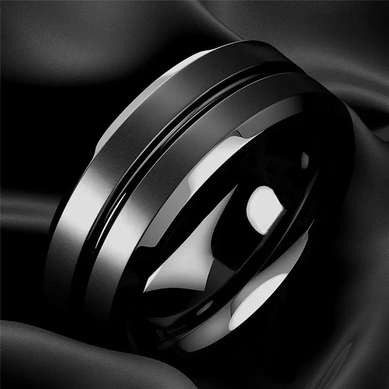 8mm Stainless Steel Men Rings Wholesale Black Groove Matte Wedding Engagement Party Gift Anniversary Rings For Women Jewelry