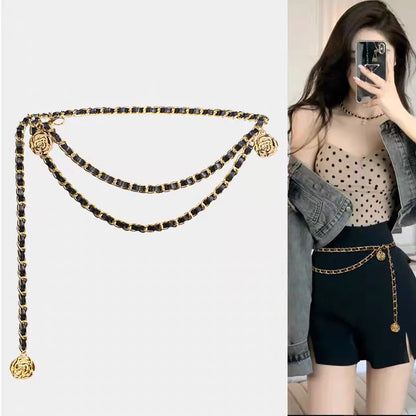 High Quality Metal Waist Chain Belts For Women Round Flower Pendant Chain Strap Rope Female Fine Waistband Dress Shirt Decoratio