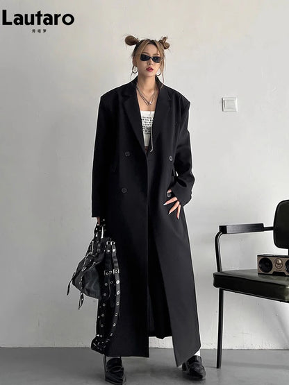 Lautaro Spring Autumn Long Grey Black Trench Coat for Women Double Breasted Loose Casual Korean Fashion Clothing Blazer 2025