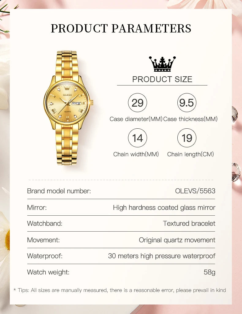 OLEVS Women Wrist Watch Original Watches for Ladies Waterproof Stainless Steel Luxury Quartz Woman Wristwatch Gold Reloj Hombre