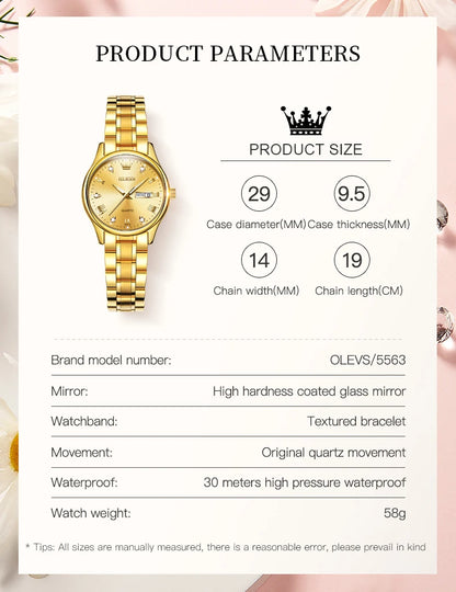 OLEVS Women Wrist Watch Original Watches for Ladies Waterproof Stainless Steel Luxury Quartz Woman Wristwatch Gold Reloj Hombre