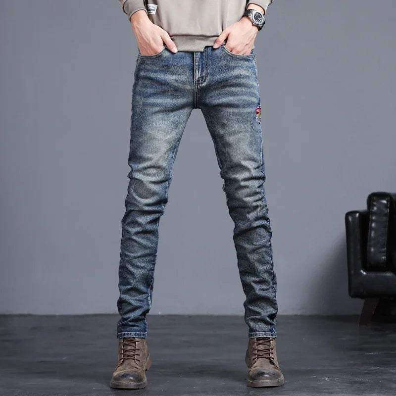 New Men's Vintage Jeans Korean Fashion Slim Little Feet Embroidered Trousers Stretch Male Streetwear Denim Pants