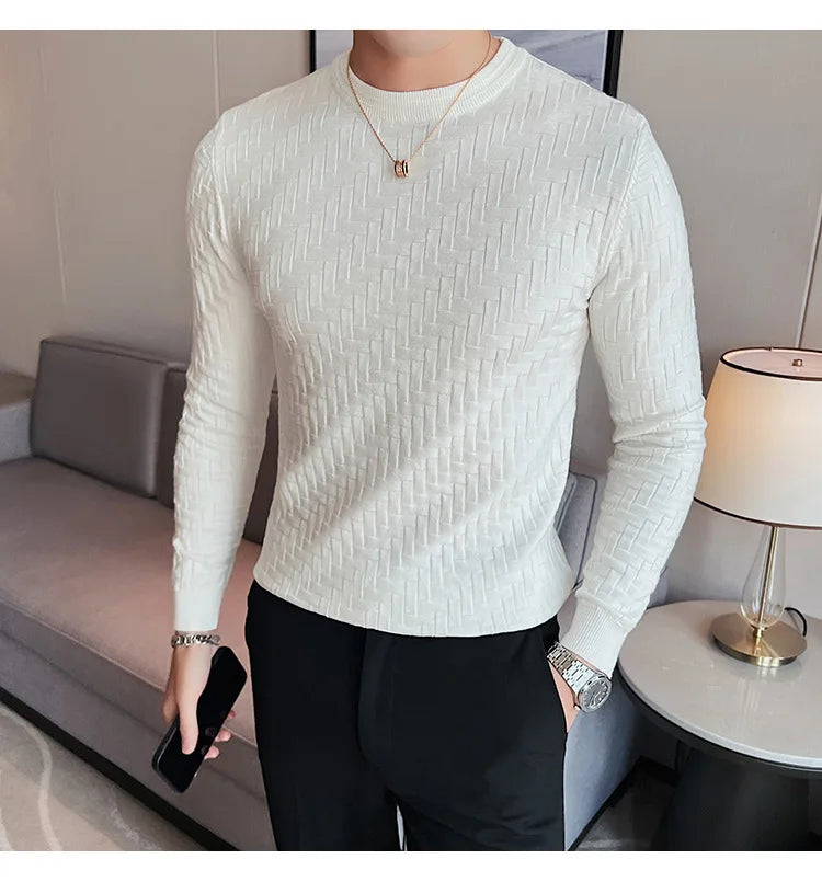 2025 Stretchable Jacquard Woven Winter Crew Neck Sweater Men's Slim Fit Pullover Knitwear Blue, Fashionable Check Pattern