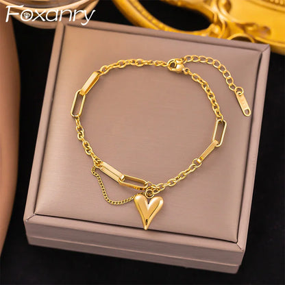 Foxanry 316L Stainless Steel Love Heart Bracelet For Women Girls Korean Fashion Classic Elegant Simple Anniversary Jewelry Gifts