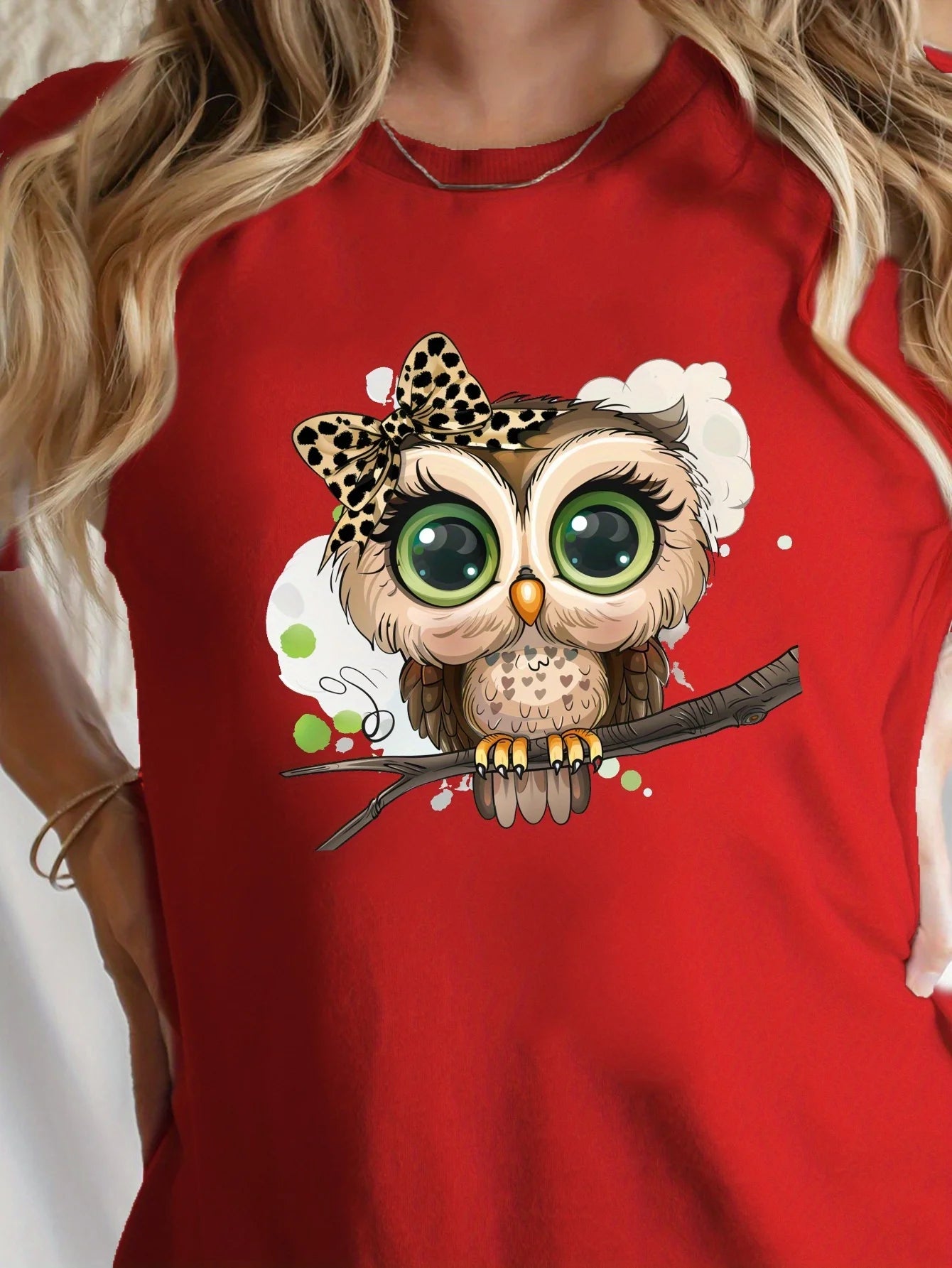 Cartoon Owl Print Crew Neck T-shirt Casual Short Sleeve Top for Spring & Summer Women's Clothing