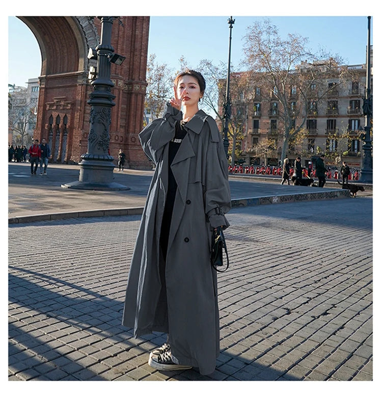 Lautaro Spring Autumn Extra Long Flowy Oversized Casual Trench Coat for Women Belt Double Breasted Loose Korean Fashion 2025