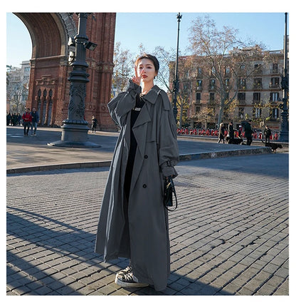 Lautaro Spring Autumn Extra Long Flowy Oversized Casual Trench Coat for Women Belt Double Breasted Loose Korean Fashion 2025