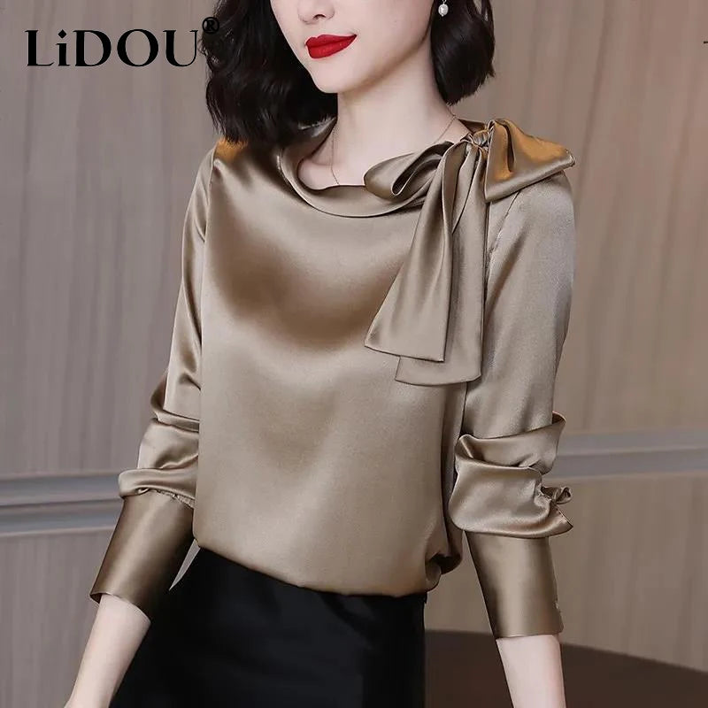 Summer Autumn Office Lady Satin Solid Elegant Fashion Bow Shirt Women Long Sleeve Temperament Bottoming Blusa All-match Blouse