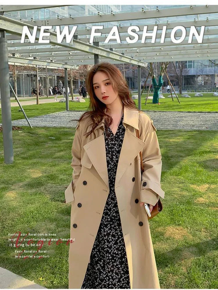 Streetwear Loose Trench Coat Midi Length Fashion Korean Elegant Khaki Black Women's Windbreaker Coat Casual Double Breasted Tops