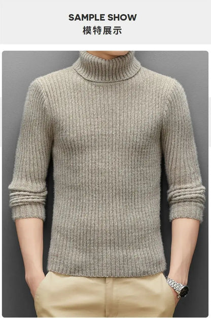 Trend Fashion Autumn Winter Sweaters Men Solid Turtleneck Mink Cashmere Thicken Smart Casual Long Sleeve Pullovers Knitted Tops