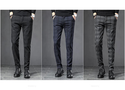 2024 New Spring Autumn England Plaid Work Stretch Pants Men Business Fashion Slim Grey Blue Casual Pant Male Brand Trousers 38