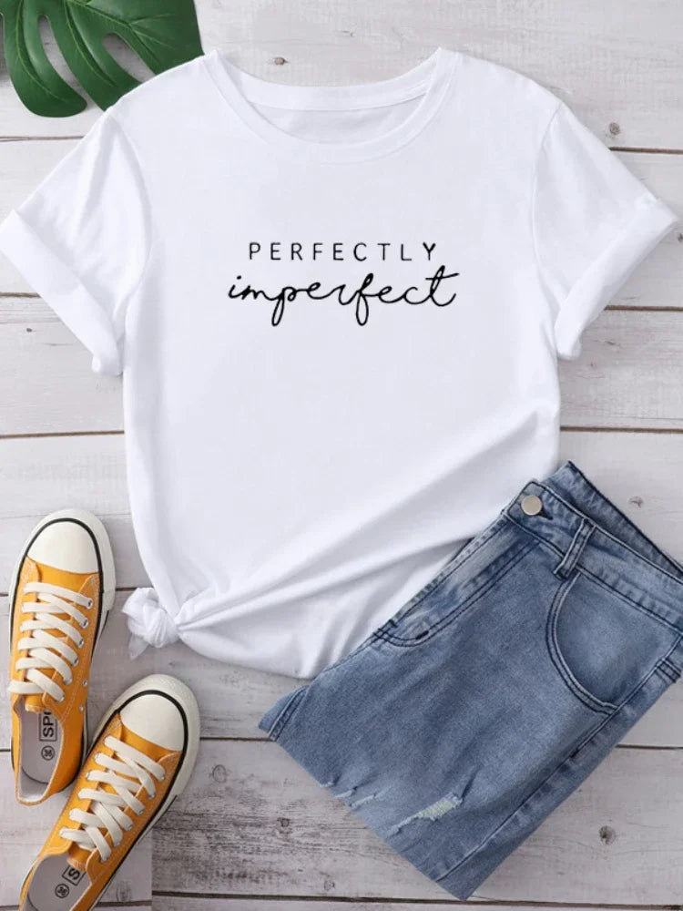 Perfectly Imperfect Letter Print Women's T-shirt Harajuku Casual Short Sleeve Black T-Shirt Female Summer Street Clothes Girl