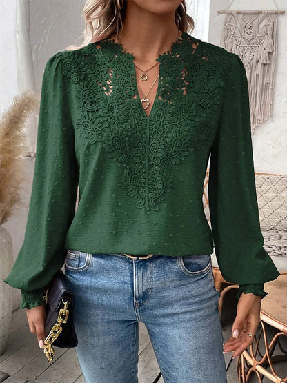 Luxury Lace Hollowed V-Neck Shirt Women Solid Color Long Sleeve Top Office Lady Elegant Daily Blouse