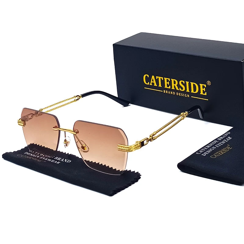 Caterside Rimless Pilot Sunglasses Men Square Metal Frame Women Glasses Travel Party Business UV400 Eyewear Choice for Gifts