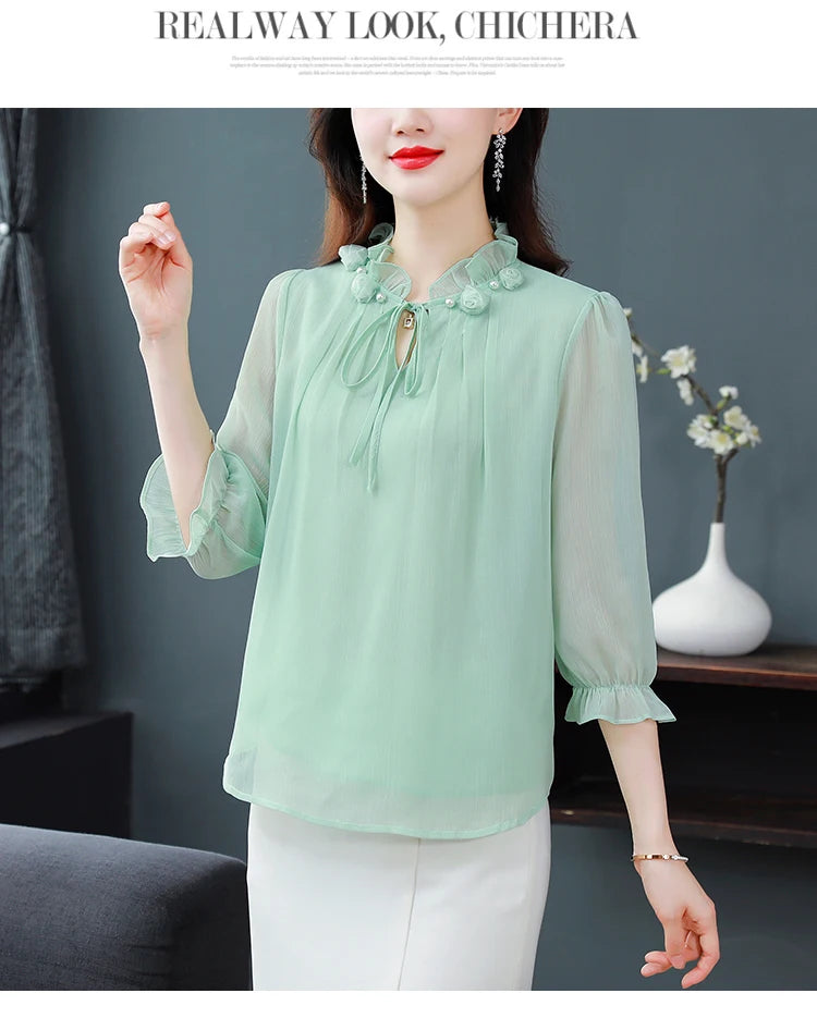 M-4XL Spring Summer Women Tops 2025 New Fashion Chiffon Blouse Petal Collar Half Sleeve Bow tie Loose Casual Shirt