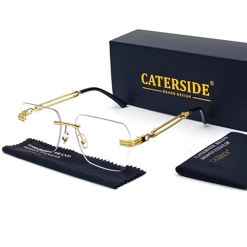 Caterside Rimless Pilot Sunglasses Men Square Metal Frame Women Glasses Travel Party Business UV400 Eyewear Choice for Gifts