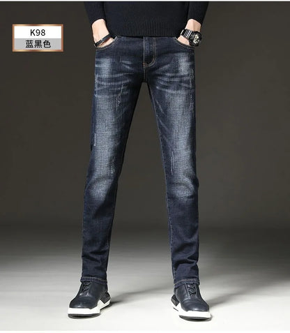 2023 Spring and Autumn New Classic Fashion Solid Color Elastic Small Foot Pants Men's Casual Slim Comfortable High-Quality Jeans