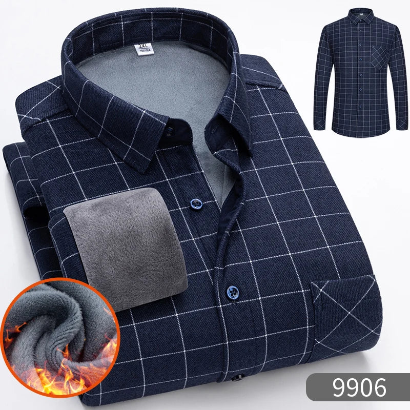 Autumn Winter Thicken Fleece Shirt Men Business Plaid Shirt Long Sleeve Warm Clothes Turn Down Collar Button Up Shirts Classic