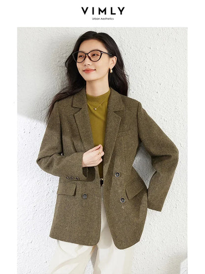 VIMLY Women's Simple Wool Blend Blazer Autumn Winter Lapel Collar Woolen Coat Suit Jacket Office Lady New Casual Outerwear