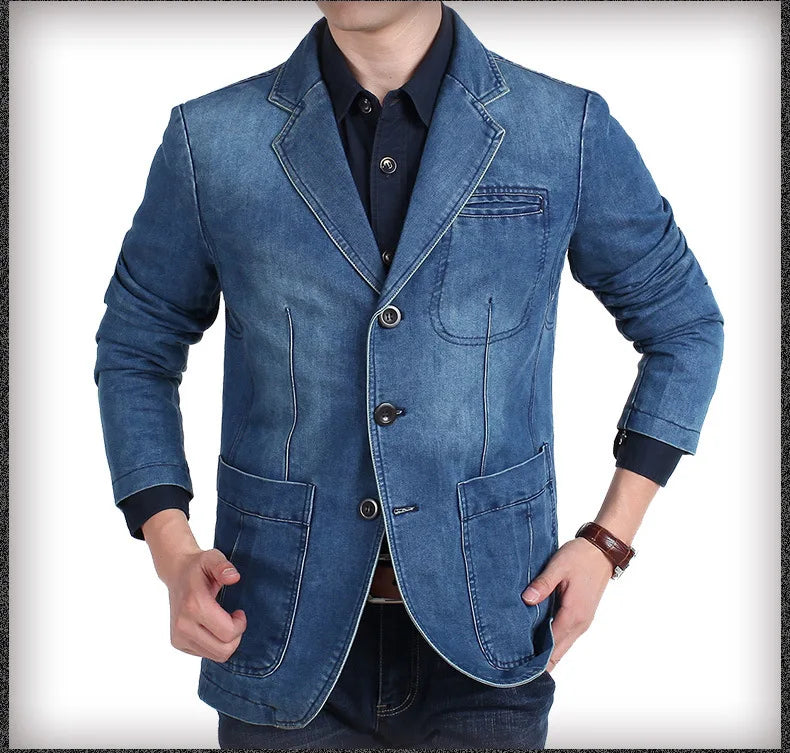 Men's New Blue Denim Suit Jacket with Loose Long Sleeved Design V-neck Casual Coats Black Gray Blazers M-XXXXL