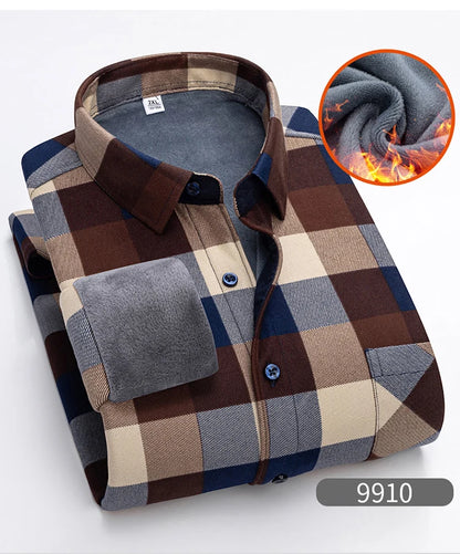 Autumn Winter Thicken Fleece Shirt Men Business Plaid Shirt Long Sleeve Warm Clothes Turn Down Collar Button Up Shirts Classic