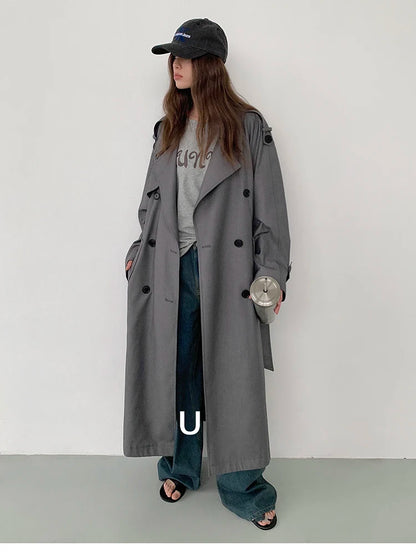 Lautaro Spring Autumn Oversized Khaki Long Grey Trench Coat for Women Double Breasted Loose Casual Korean Fashion Overcoat 2024