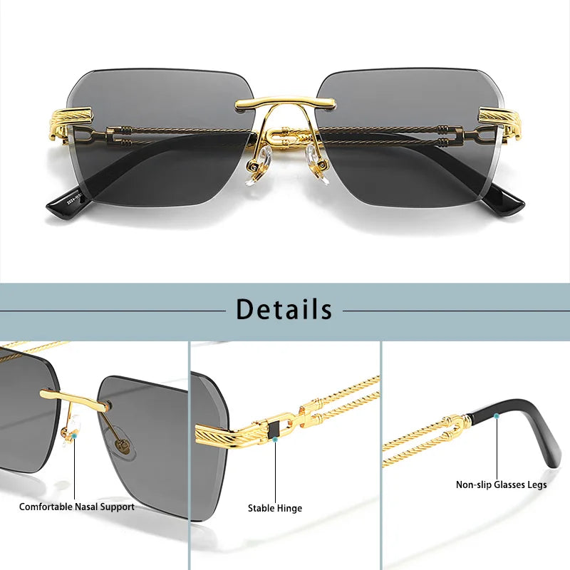 Caterside Rimless Pilot Sunglasses Men Square Metal Frame Women Glasses Travel Party Business UV400 Eyewear Choice for Gifts