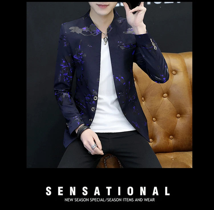 Men's Printed Small Suit Male Korean Version of The Self-cultivation Stand-up Collar Chinese Tunic Casual Suit Thin Jacket Youth