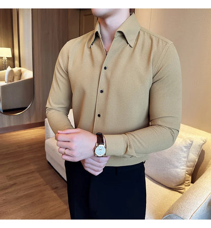 Autumn Solid Color Waffle Shirt Men Slim Fit V Neck Long Sleeve Casual Business Formal Dress Shirts Social Party Streetwear 4XL