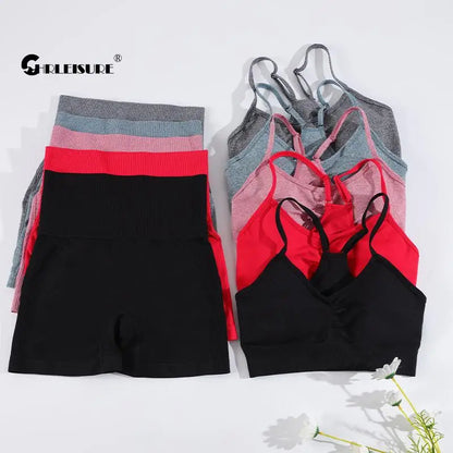 CHRLEISURE Seamless Sports Set Women's  2PCS Yoga Suit Fitness Bra with Cycling Shorts Gym Elastic Workout Outfit Activewear