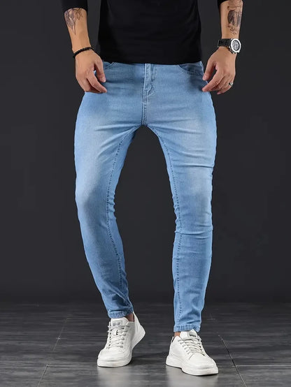 2024 New Men Stretch Skinny Jeans Male Designer Elastic Scratch Denim Pencil Pants Jeans Streetwear Sky Blue Fashion Jeans