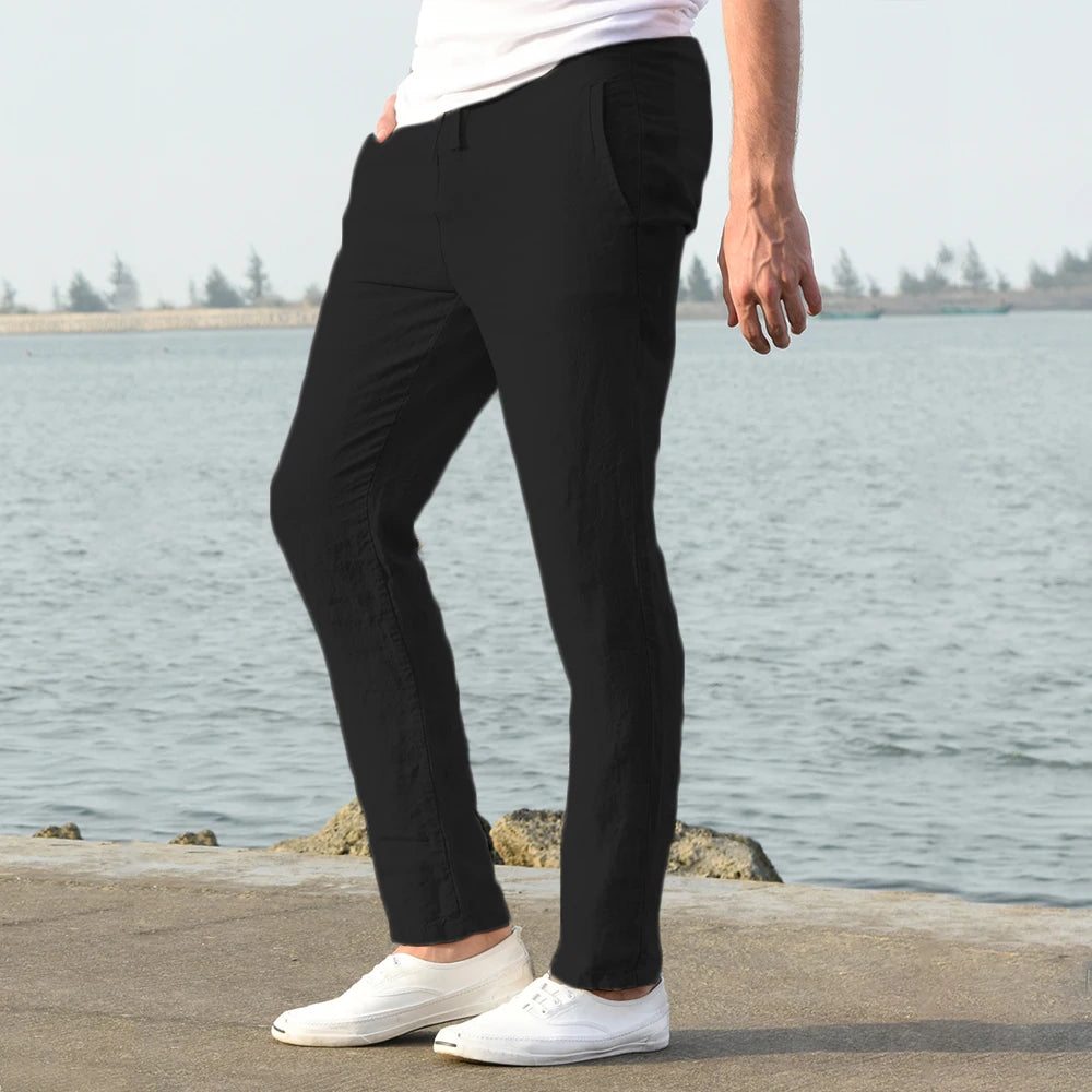 Men's Cotton Linen Pants Male Autumn New Breathable Solid Color Linen Trousers Fitness Streetwear S-3XL