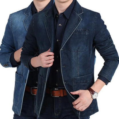 Men's Denim Blazer ,Male Jean Suit Jacket Coat,Three Buttons Denim Outwear ,Size M-4XL