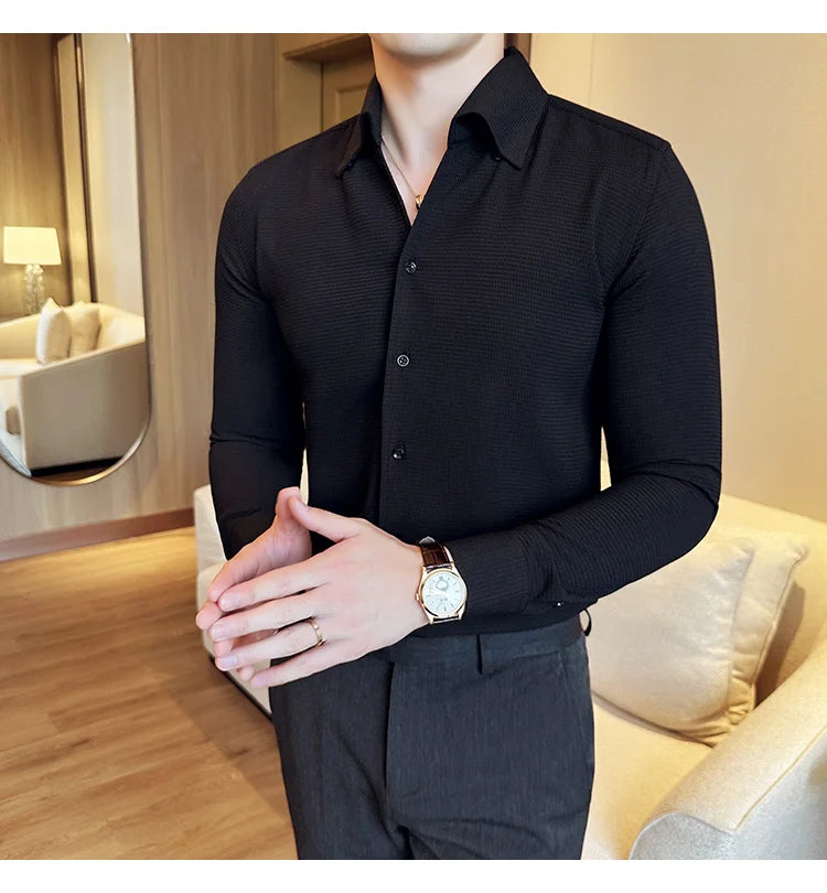 Autumn Solid Color Waffle Shirt Men Slim Fit V Neck Long Sleeve Casual Business Formal Dress Shirts Social Party Streetwear 4XL