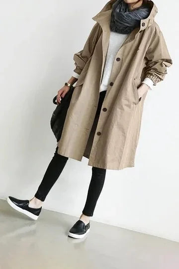 2025 Spring Autumn Casual Korean Fashion Hooded Medium Long Overcoat Loose Windproof Coat Women Trench Coat Solid Color Pocket