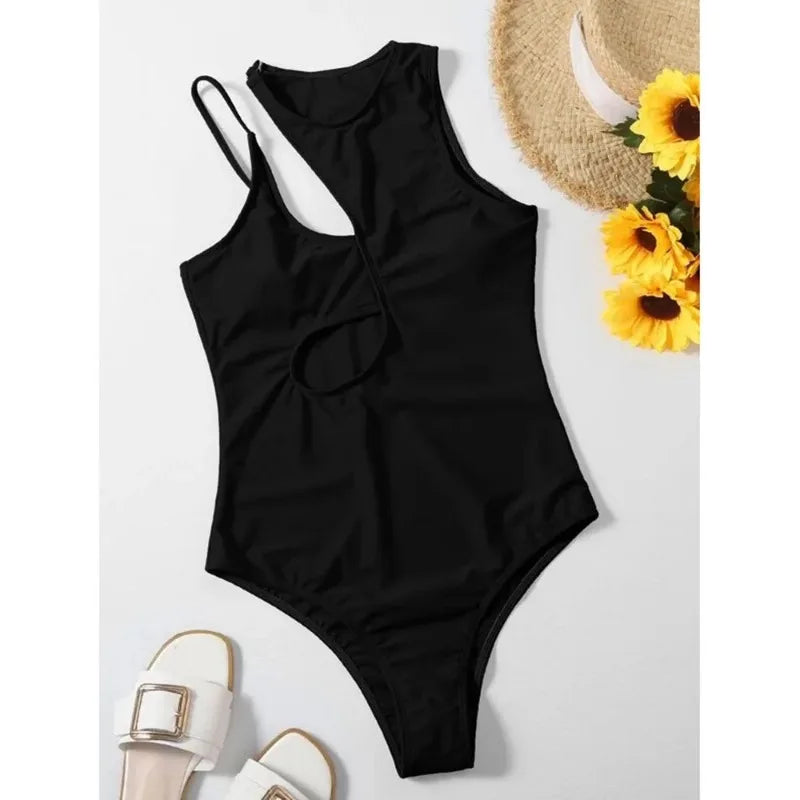 One Piece Swimwear Women One Shoulder Push Up Hollow Out Swimsuits Solid Bathing Suits Beachwear