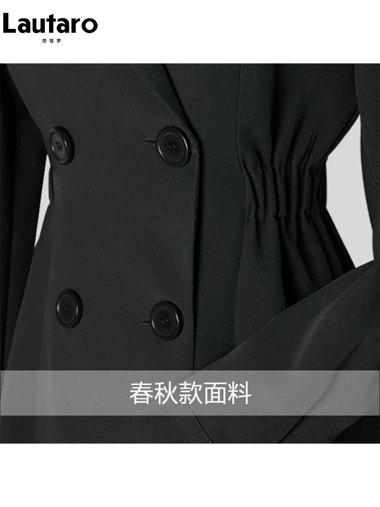 Lautaro-Long Black Fitted Trench Coat for Women, Chic Stylish, Single Breasted, Luxury Designer Clothing, Spring, Elegant